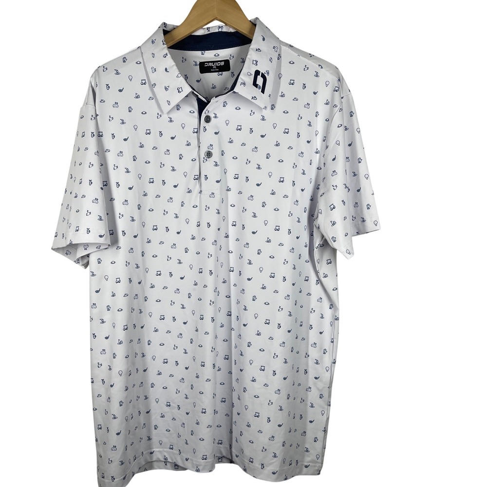 Druids Mens 2XL White Golf Polo Shirt Short Sleeve Novelty Print Performance Top